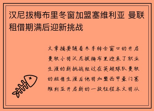 汉尼拔梅布里冬窗加盟塞维利亚 曼联租借期满后迎新挑战 汉尼拔梅布里冬窗加盟塞维利亚 曼联租借期满后迎新挑战